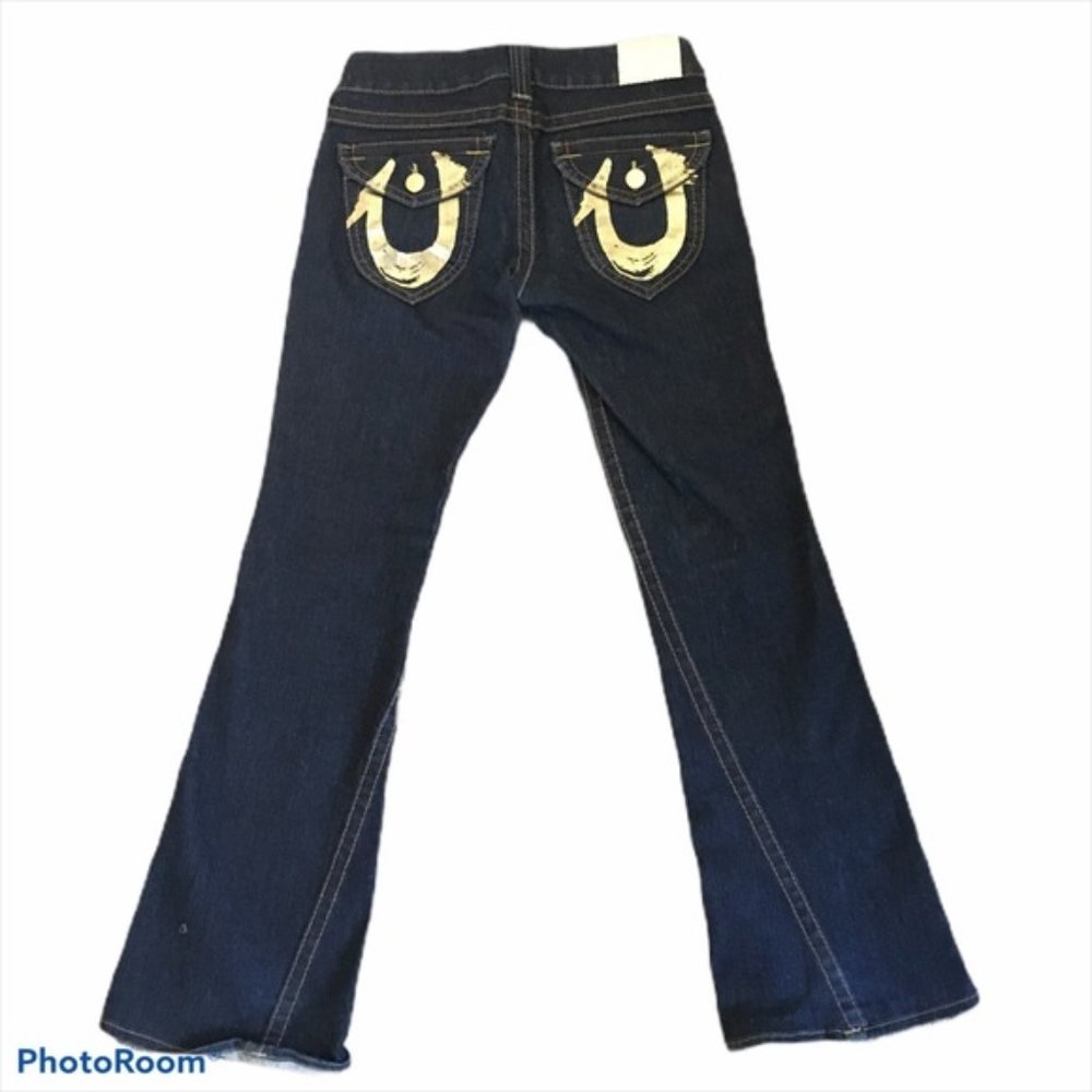 True Religion Joey Gold Foil Dark Wash Flare Jeans